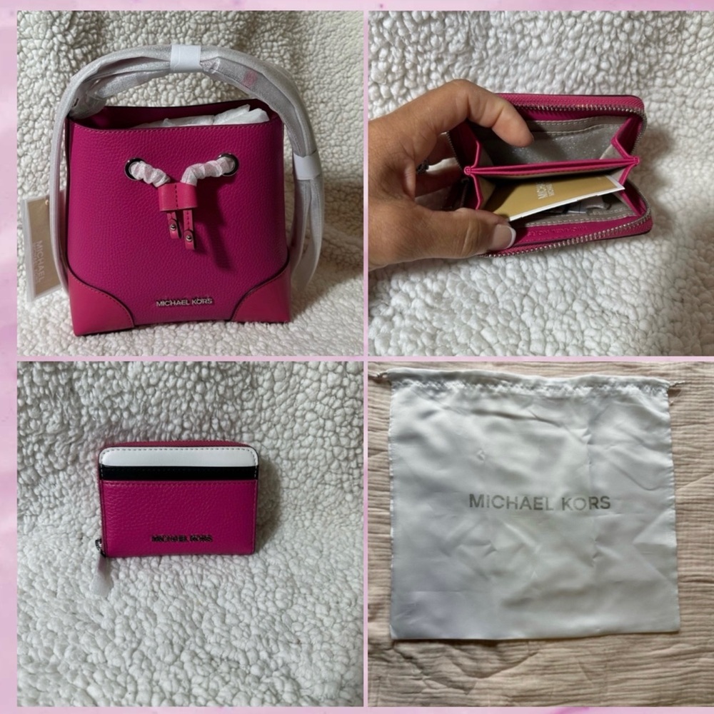 3fer-Michael Kors Fuchsia Pink Bucket Bag with Card Holder and Dust Bag NWT
